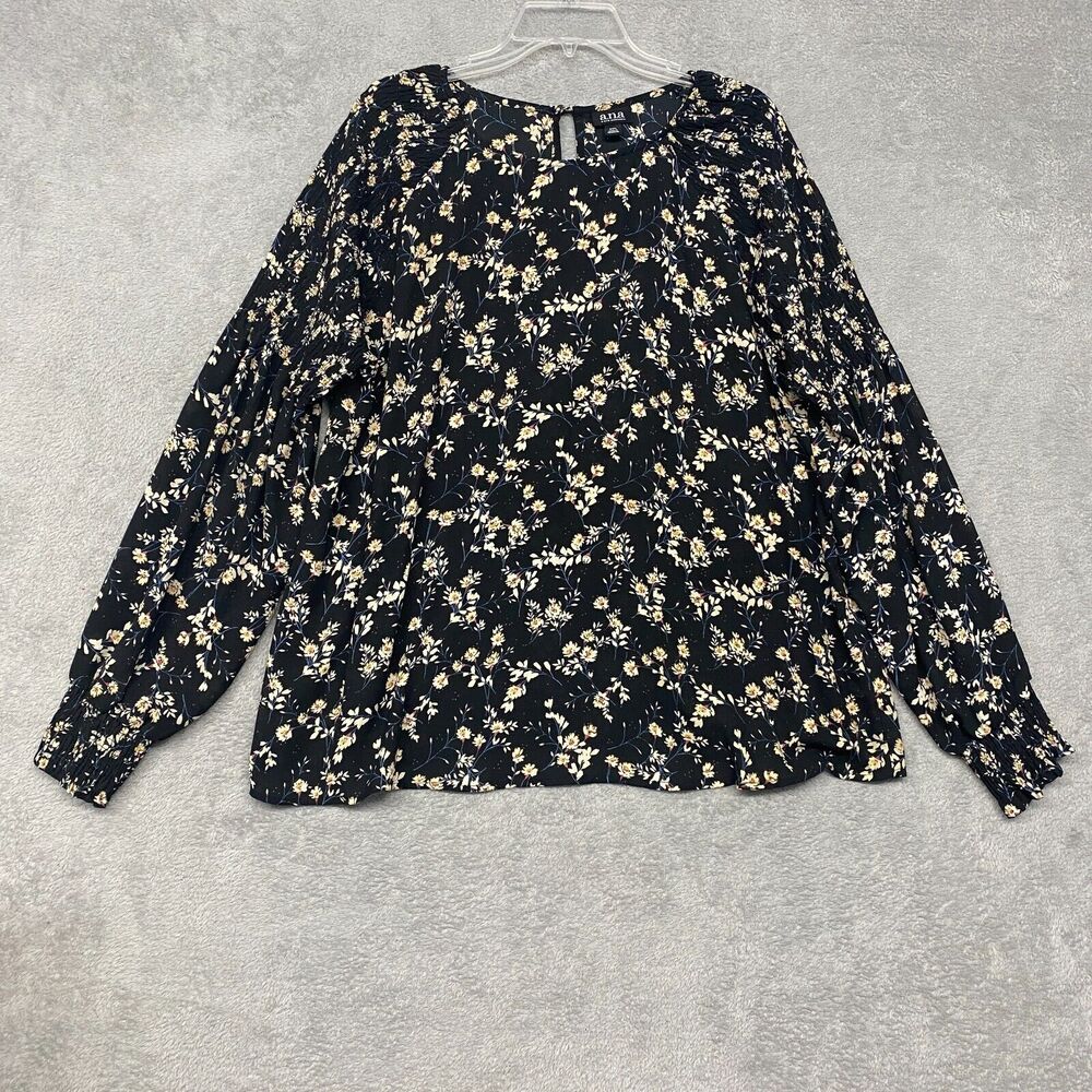 ana Top Womens‎ 2XL Black Beige Floral Smocked Flowy Popover Lightweight Shirt